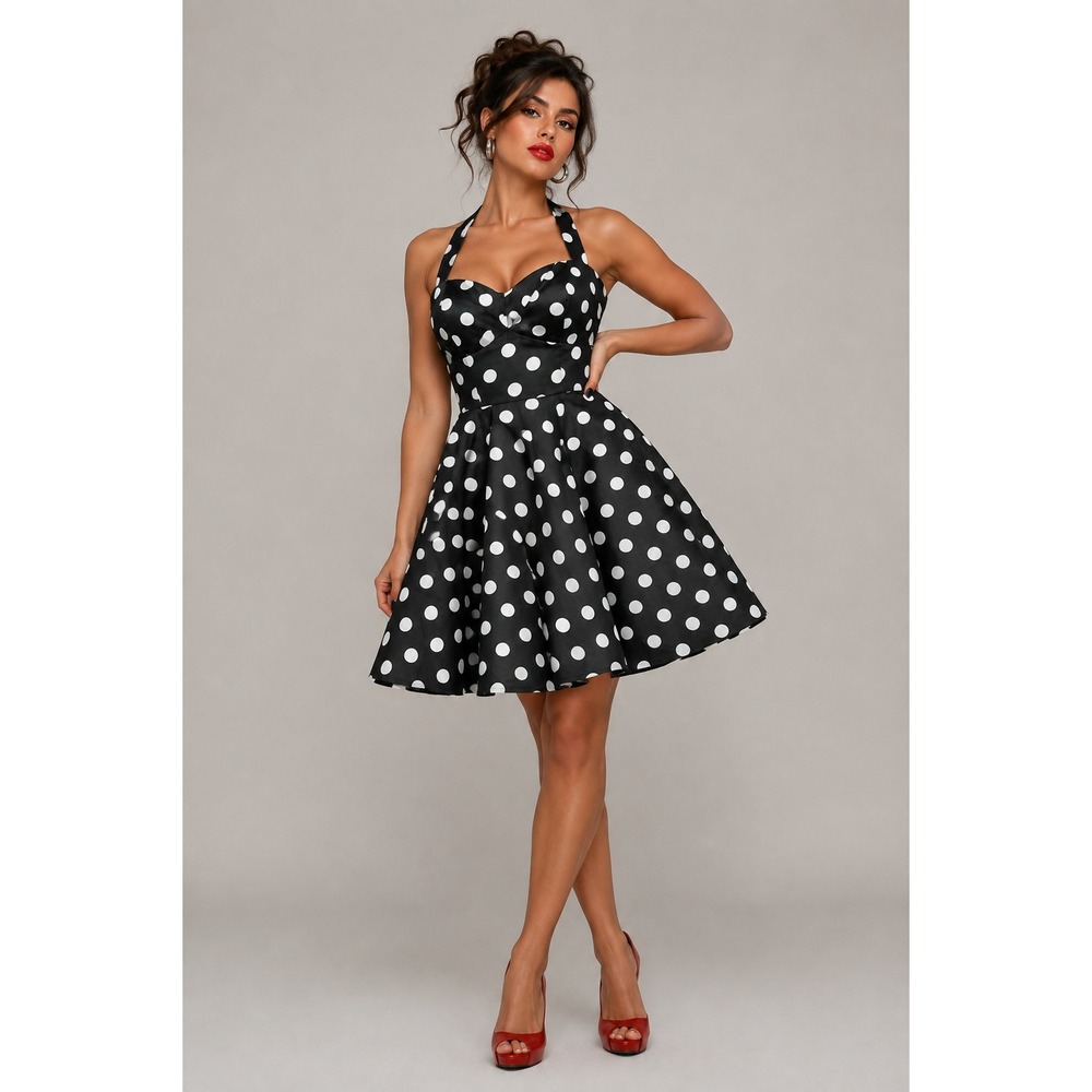 Vintage Pin Up Polka Dot Halter Dress Juniors XL Rockabilly Retro Black White